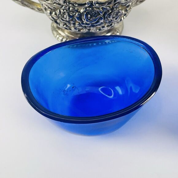Antique Silver Plated Rose Floral Design Cobalt Blue Lined Sugar And Creamer Set - Picture 9 of 16